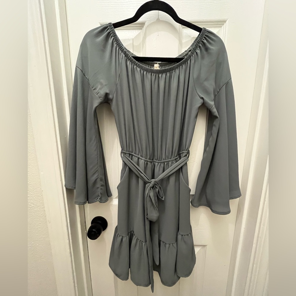 Grey Off-the-shoulder Mini Dress with Bell Sleeve
